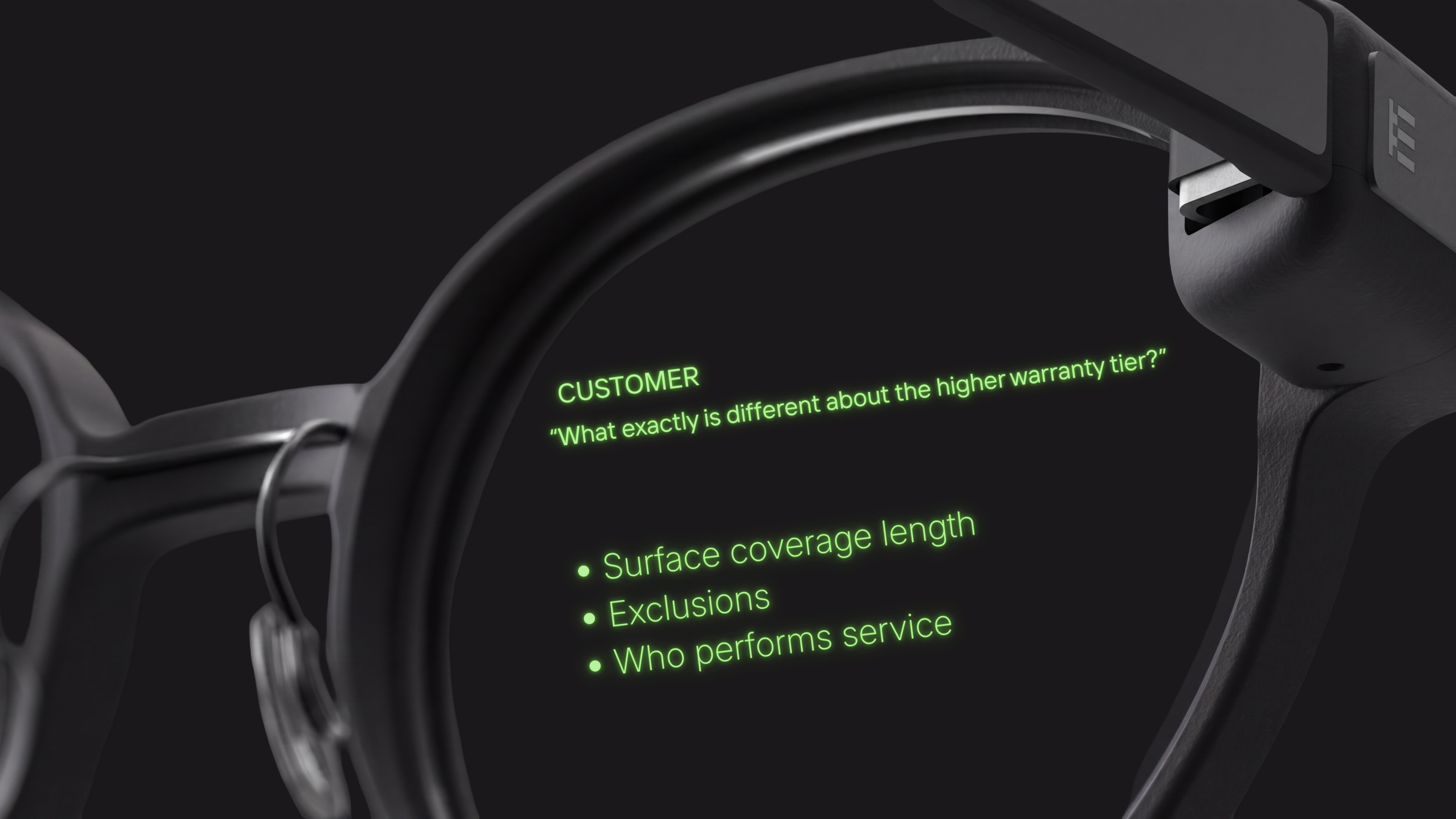 RepSight smart glasses displaying warranty details in the rep's line of sight